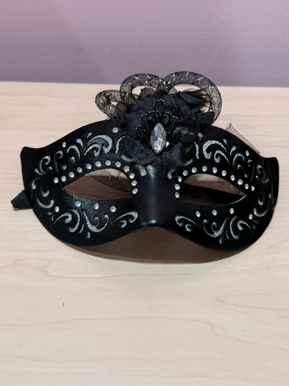 Black Decorative Venetian Masquerade Eye Mask with Rhinestone Accent